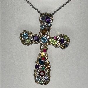 NWOT Gems En Vogue Genuine Multi Gemstone Enhancer Cross Pendant Necklace
